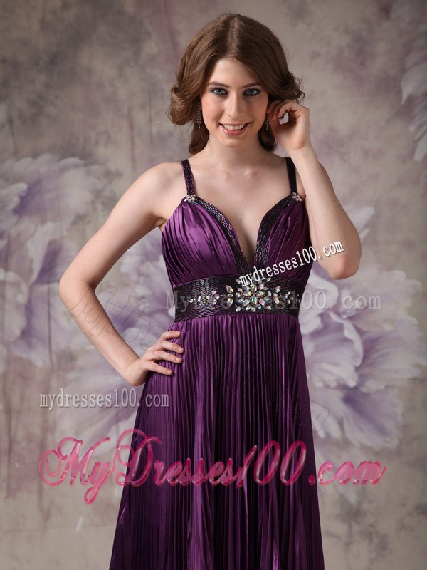 Customize Dark Purple Column Spaghetti Straps Beading Evening Dress