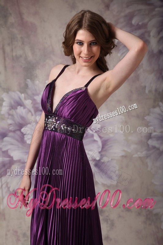 Customize Dark Purple Column Spaghetti Straps Beading Evening Dress