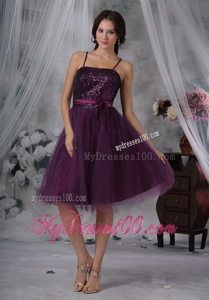 Purple A-Line / Princess Spaghetti Straps Knee-length Tulle Paillette Prom Dress