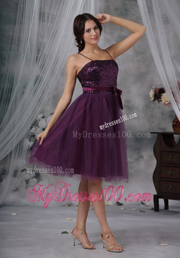 Spaghetti Straps Knee-length Paillette Prom Evening Dress in Purple