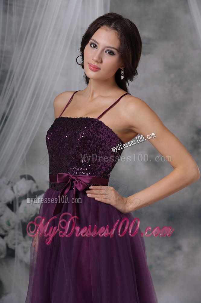 Spaghetti Straps Knee-length Paillette Prom Evening Dress in Purple