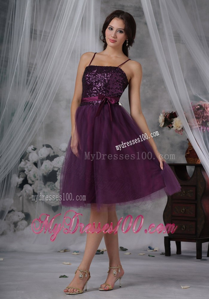 Spaghetti Straps Knee-length Paillette Prom Evening Dress in Purple
