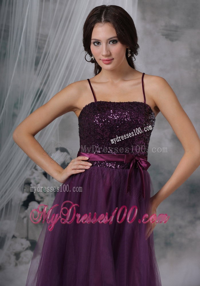 Spaghetti Straps Knee-length Paillette Prom Evening Dress in Purple