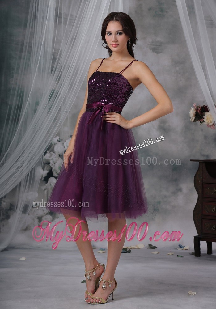 Purple A-Line / Princess Spaghetti Straps Knee-length Tulle Paillette Prom Dress
