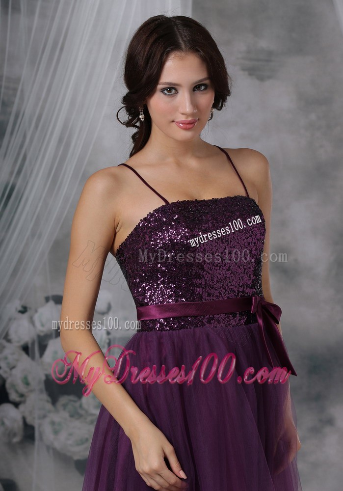 Purple A-Line / Princess Spaghetti Straps Knee-length Tulle Paillette Prom Dress