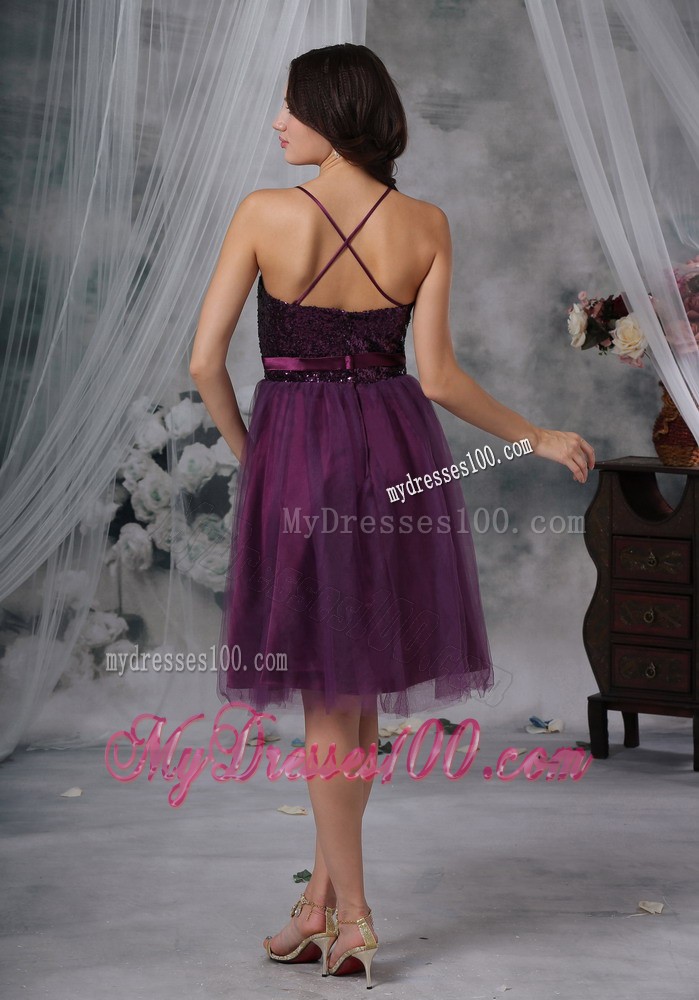 Purple A-Line / Princess Spaghetti Straps Knee-length Tulle Paillette Prom Dress