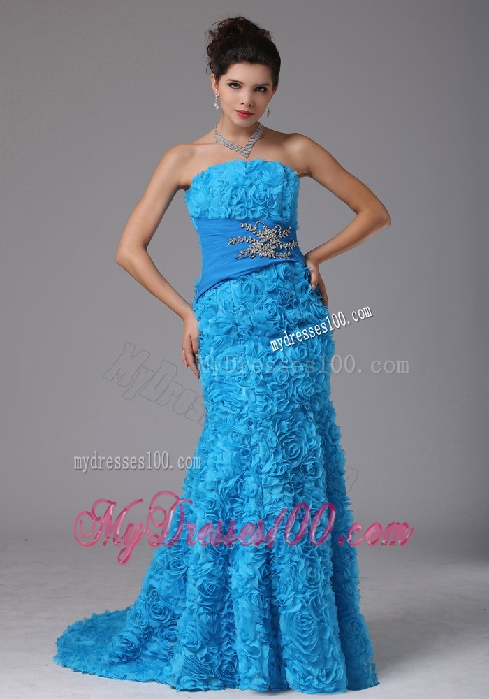 Fabric with Rolling Flower Blue Brush Train Beading Evening Dress