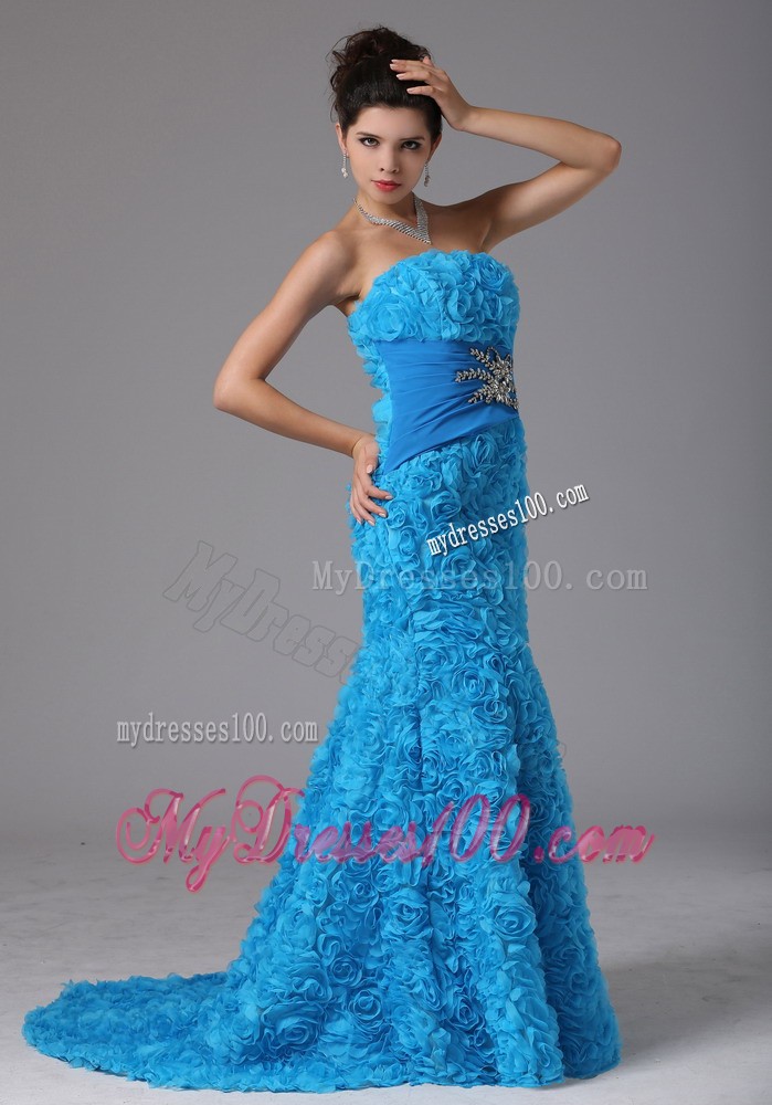 Fabric with Rolling Flower Blue Brush Train Beading Evening Dress