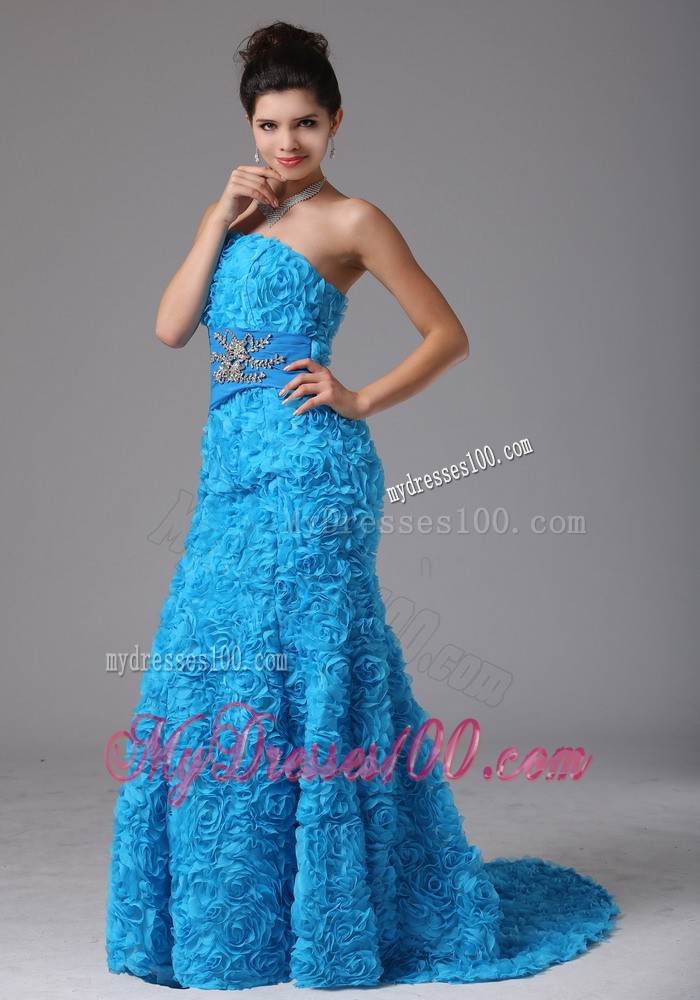 Fabric with Rolling Flower Blue Brush Train Beading Evening Dress