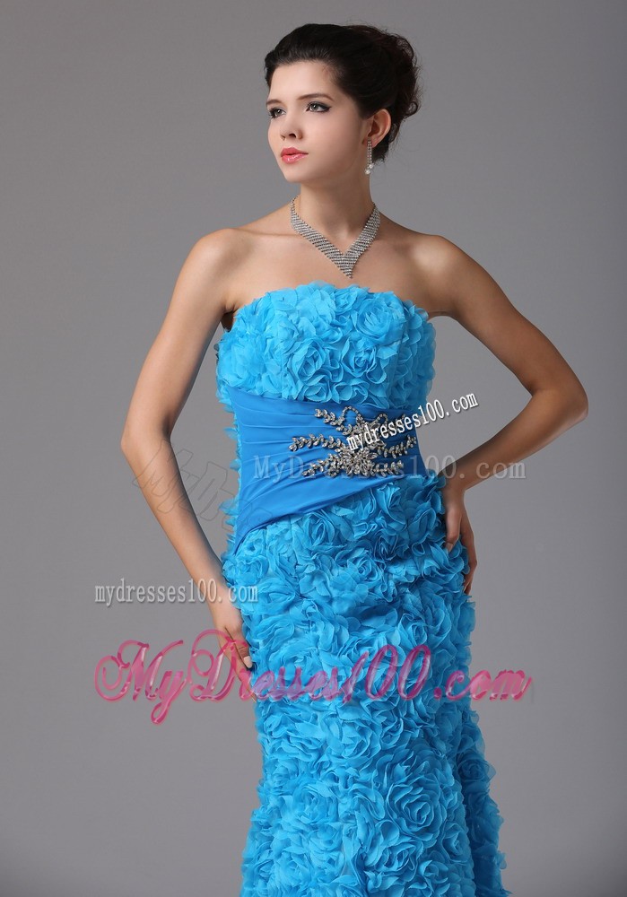 Fabric with Rolling Flower Blue Brush Train Beading Evening Dress