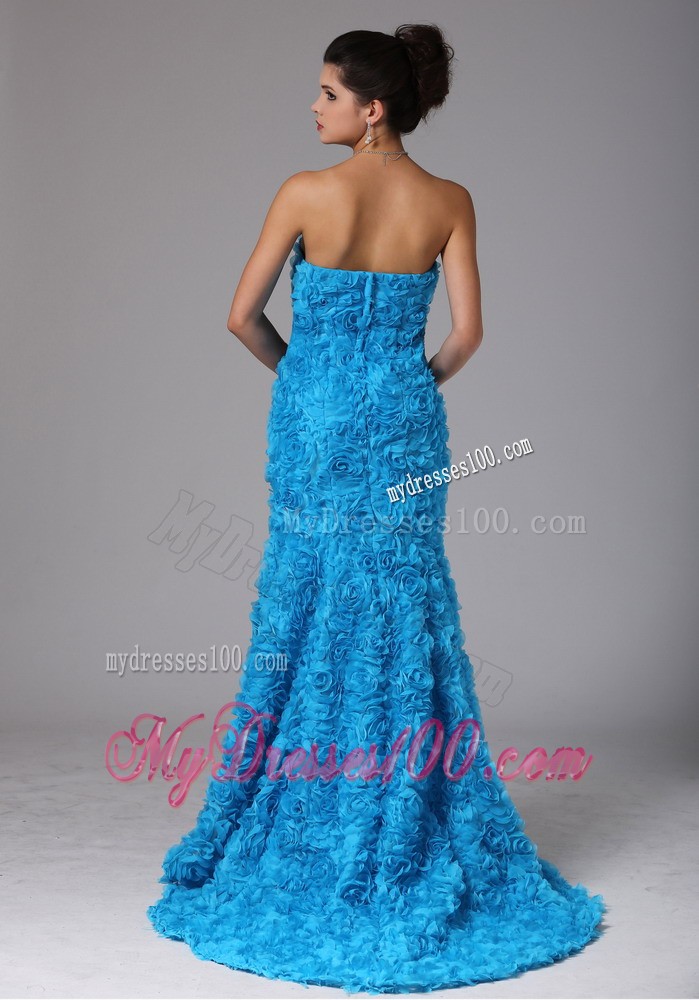Fabric with Rolling Flower Blue Brush Train Beading Evening Dress