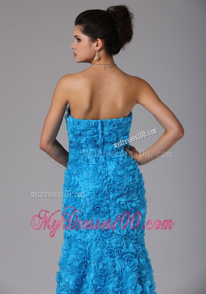 Fabric with Rolling Flower Blue Brush Train Beading Evening Dress