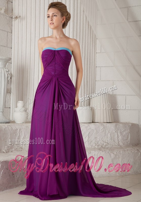 Dark Purple Strapless Ruches Prom Evening Dress with Ruching