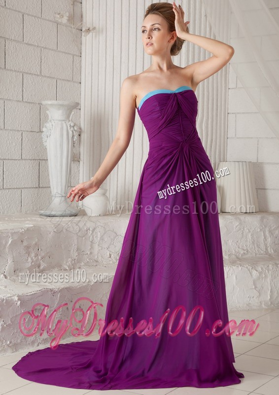 Dark Purple Strapless Ruches Prom Evening Dress with Ruching