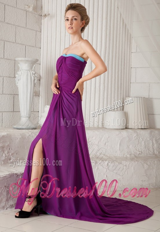 Dark Purple Strapless Ruches Prom Evening Dress with Ruching