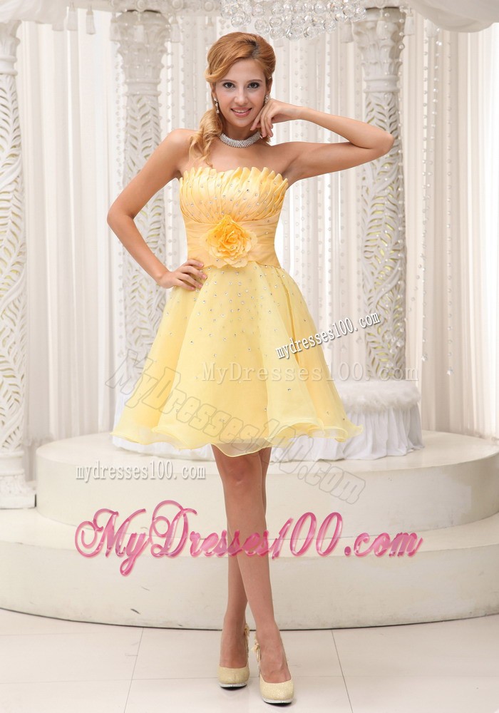 Hand Made Flower Light Yellow Beaded Decorate Bust Prom Dress