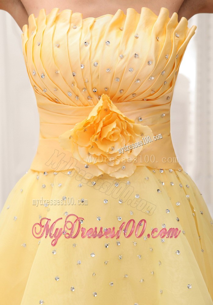 Hand Made Flower Light Yellow Beaded Decorate Bust Prom Dress