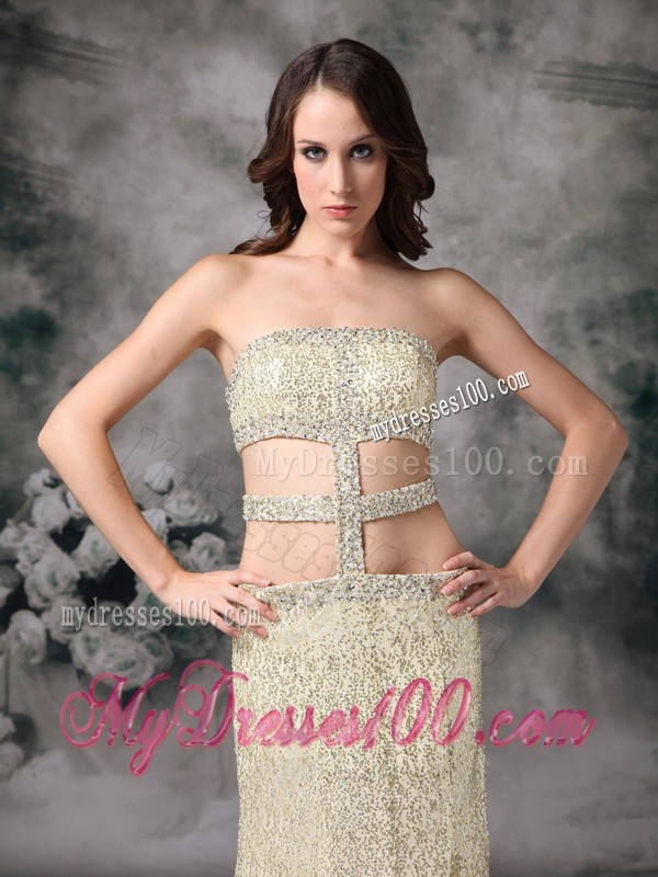 Customize Gold Empire Strapless Evening Dress Sequin Beading Brush Train