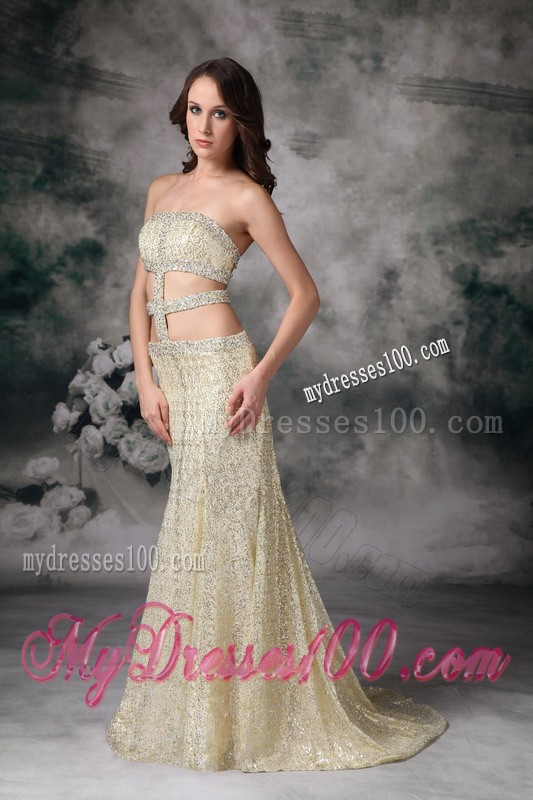 Customize Gold Empire Strapless Evening Dress Sequin Beading Brush Train