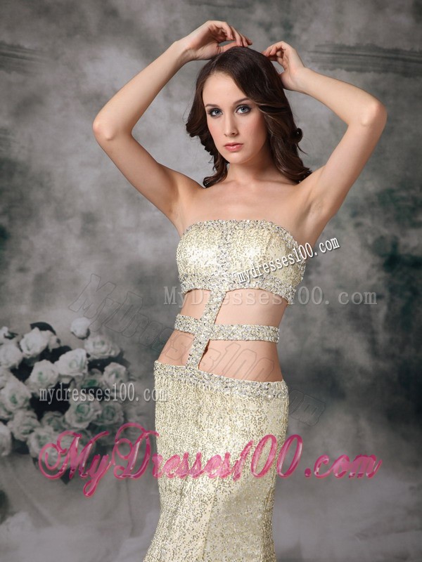 Customize Gold Empire Strapless Evening Dress Sequin Beading Brush Train