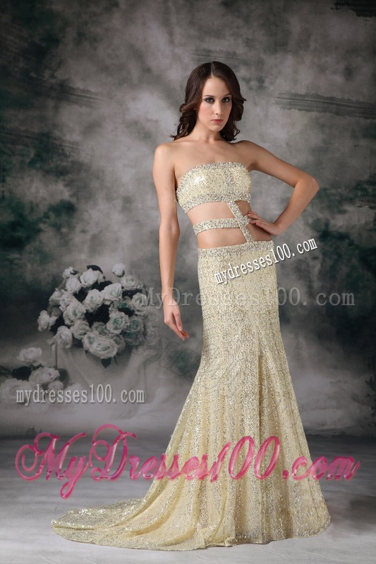 Customize Gold Empire Strapless Evening Dress Sequin Beading Brush Train