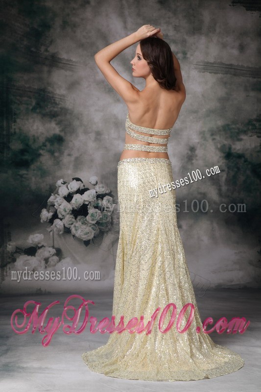 Customize Gold Empire Strapless Evening Dress Sequin Beading Brush Train