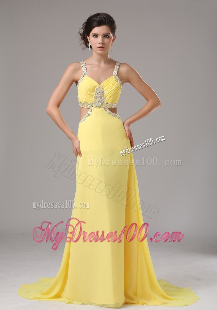 Straps Yellow Beaded Decorate Evening Dress with Brush Train