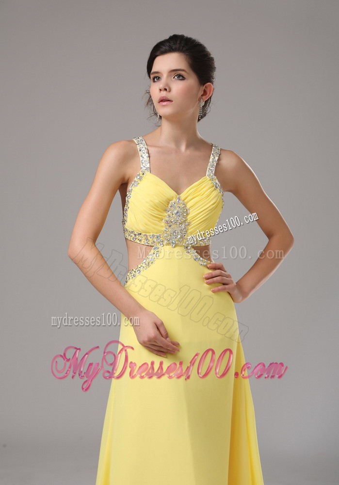Straps Yellow Beaded Decorate Evening Dress with Brush Train