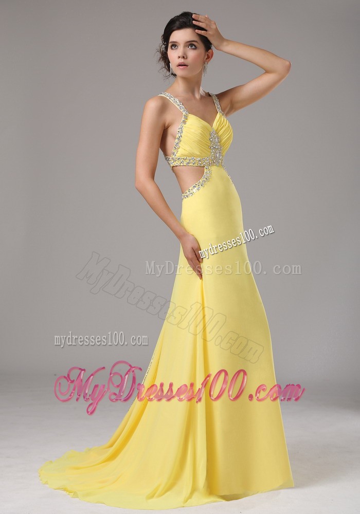 Straps Yellow Beaded Decorate Evening Dress with Brush Train