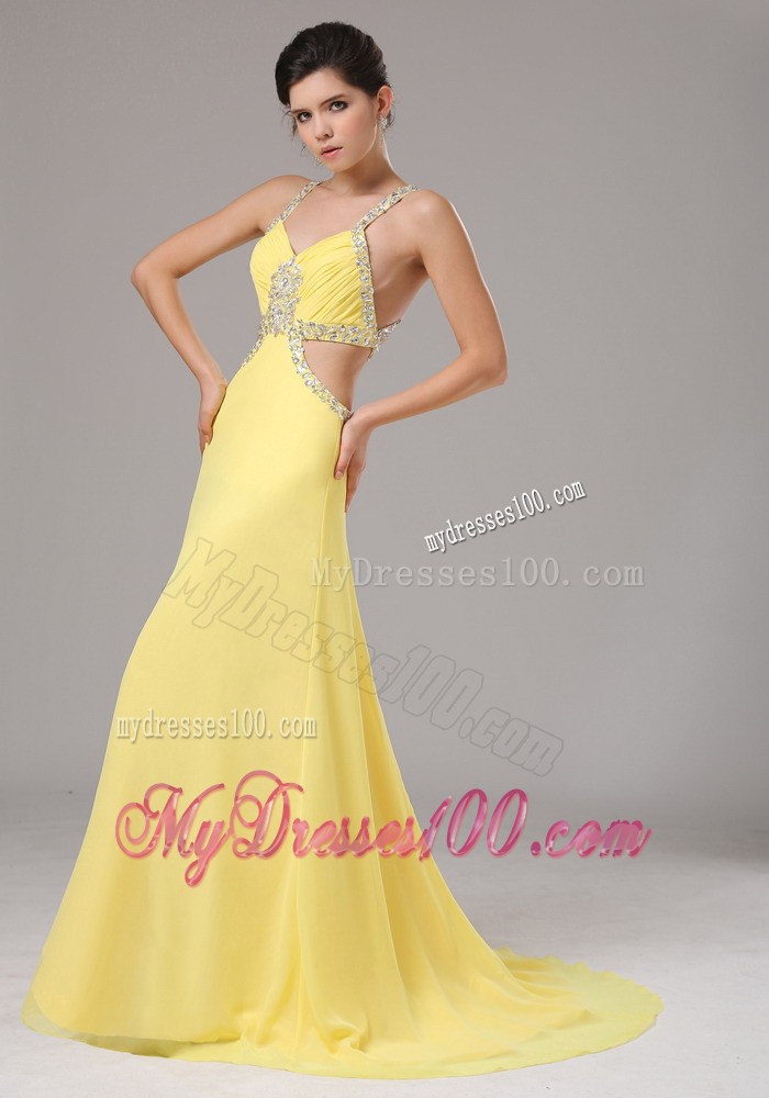 Straps Yellow Beaded Decorate Evening Dress with Brush Train