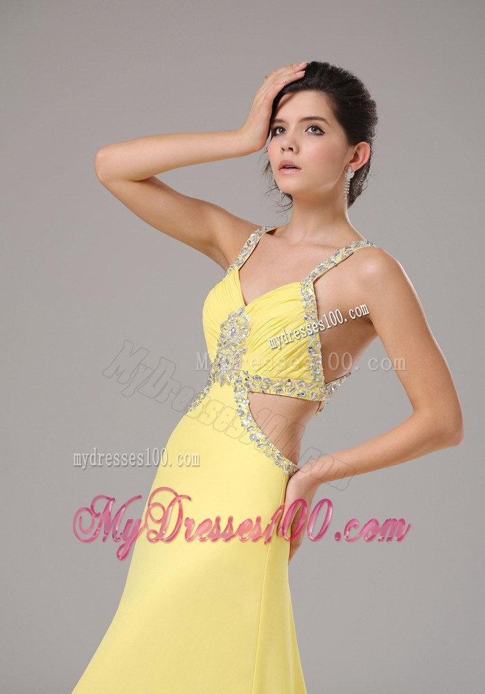 Straps Yellow Beaded Decorate Evening Dress with Brush Train