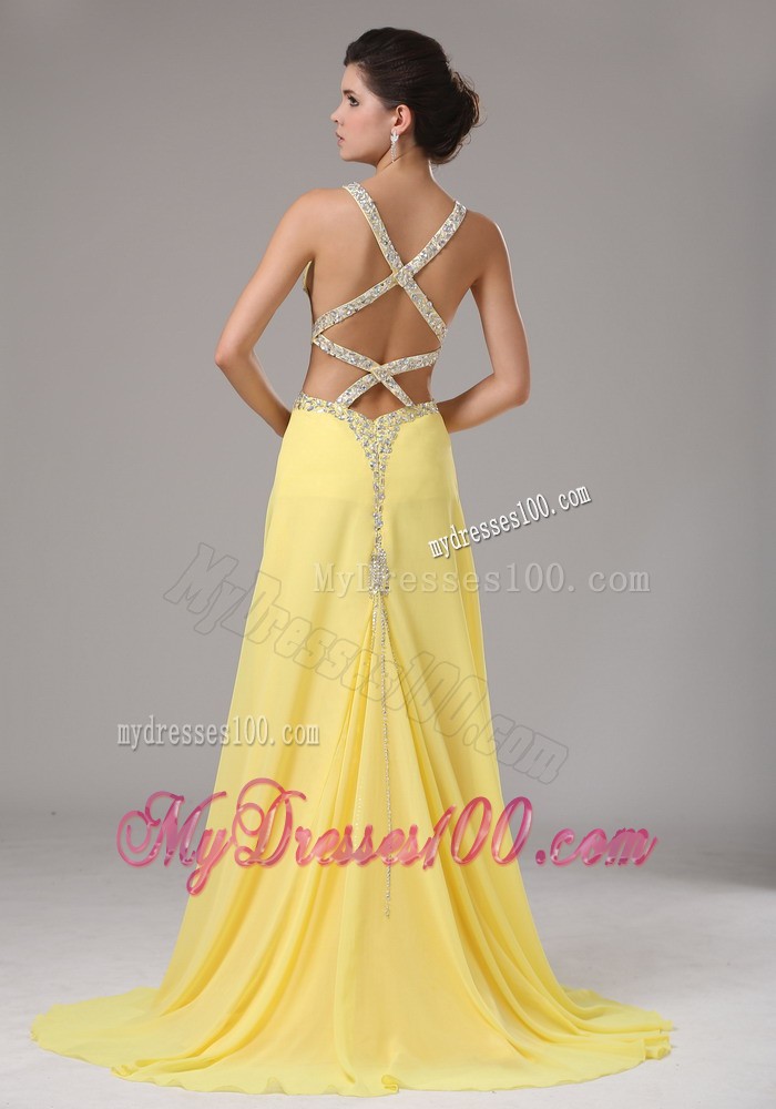 Straps Yellow Beaded Decorate Evening Dress with Brush Train