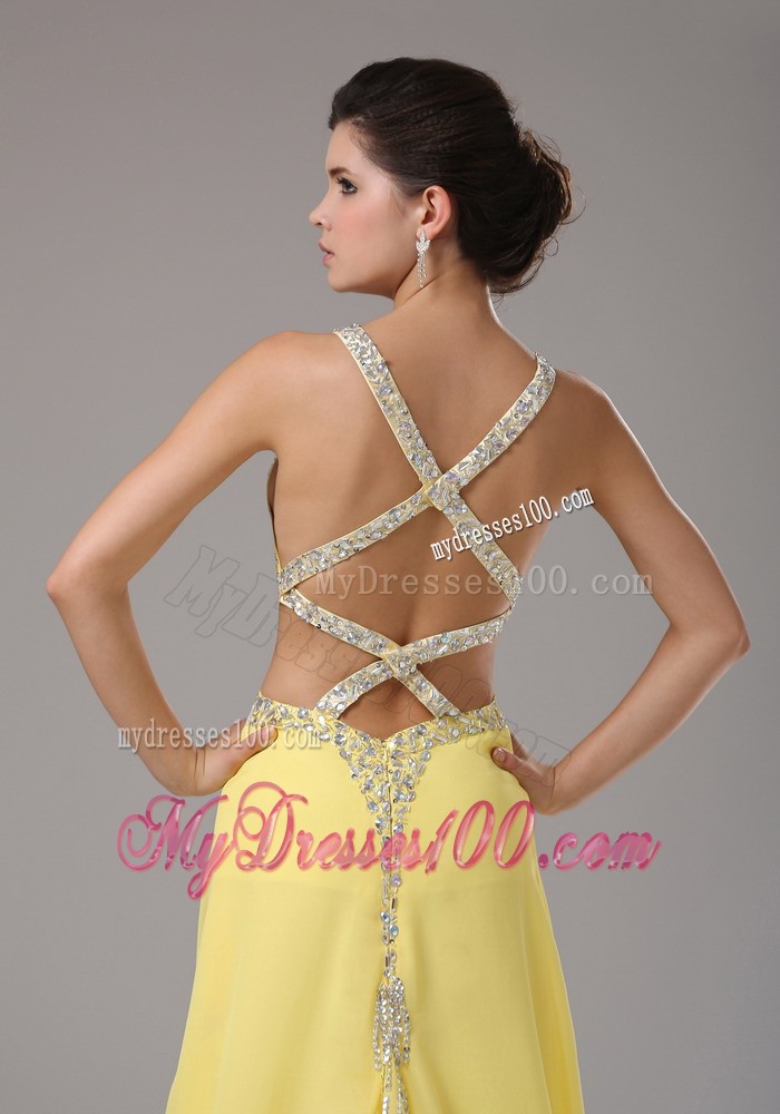 Straps Yellow Beaded Decorate Evening Dress with Brush Train