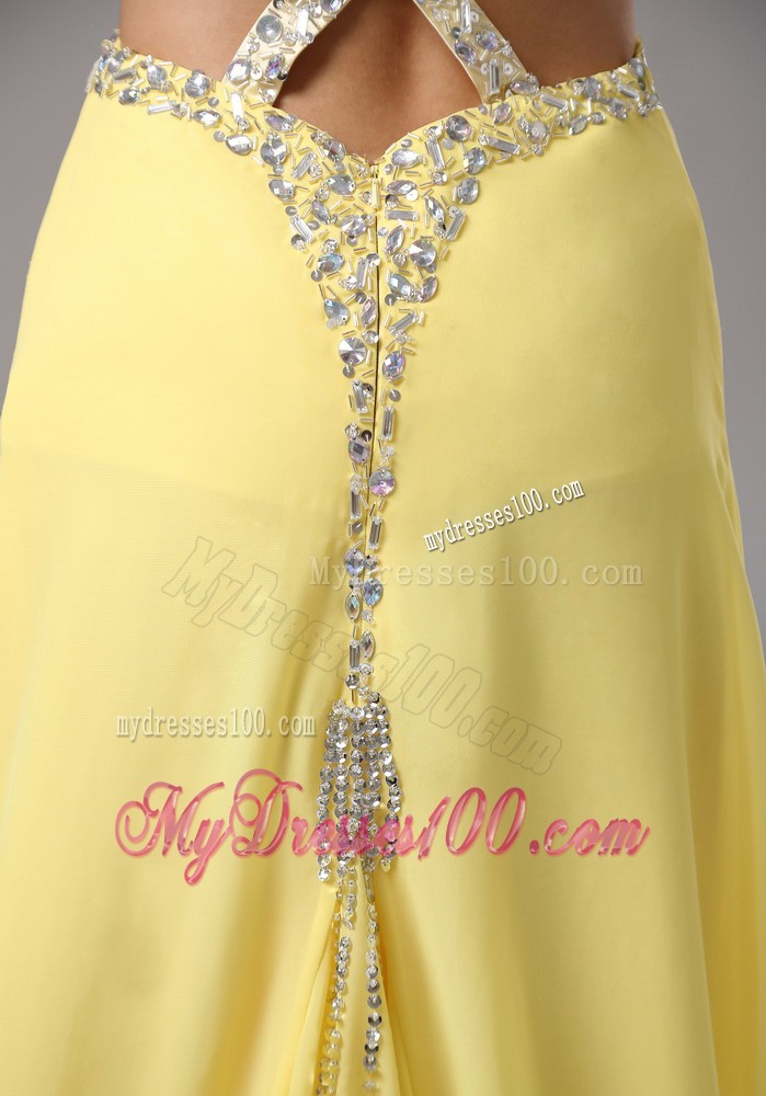 Straps Yellow Beaded Decorate Evening Dress with Brush Train