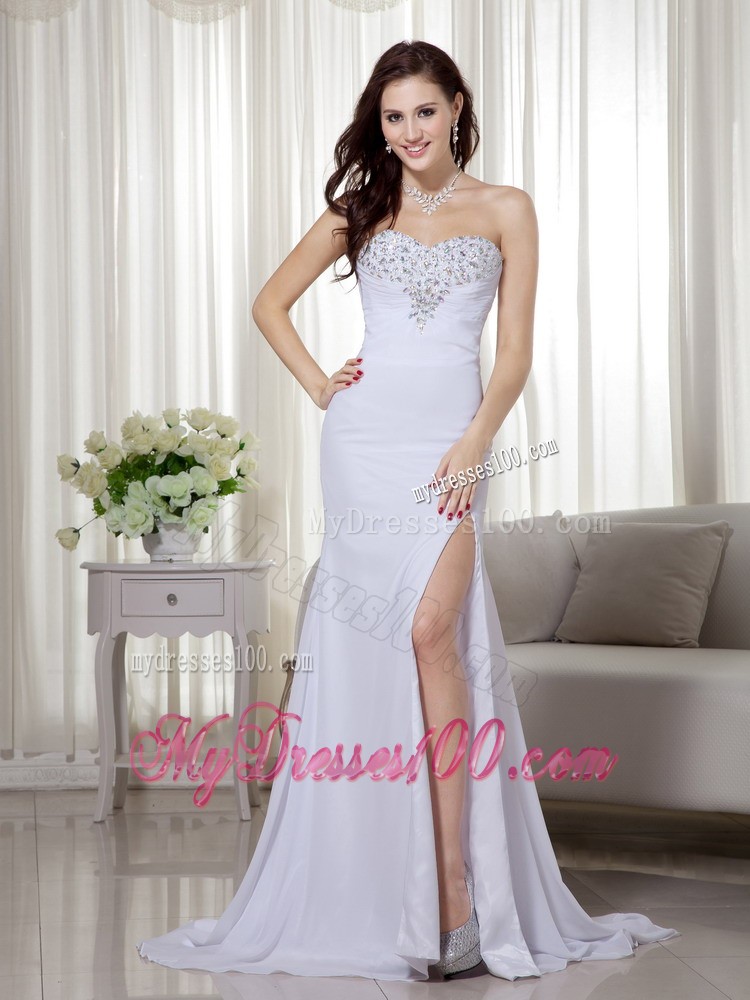 White Column Sweetheart Brush Train Chiffon Beading and Ruch Prom / Celebrity Dress