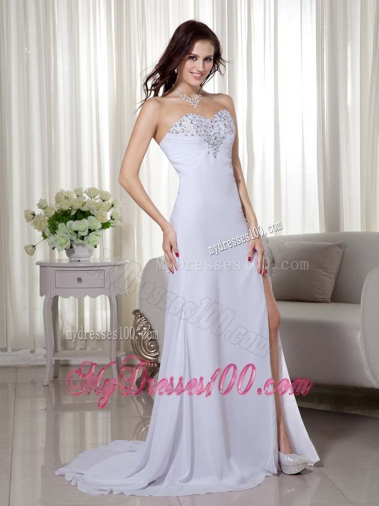 White Column Sweetheart Brush Train Beading and Ruche Prom Dress