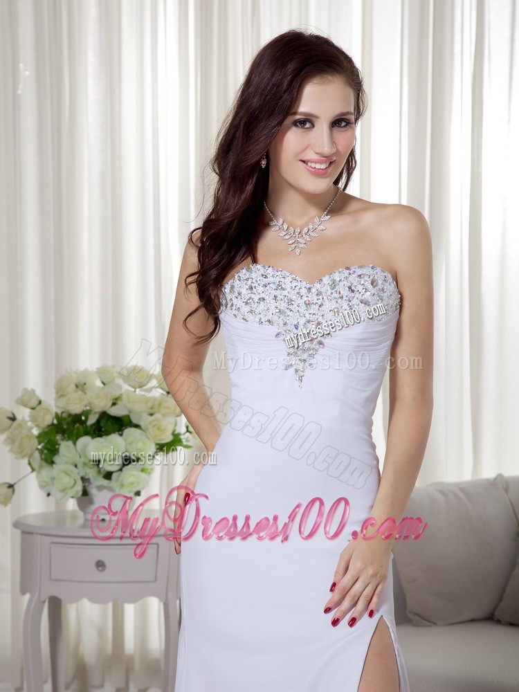 White Column Sweetheart Brush Train Beading and Ruche Prom Dress