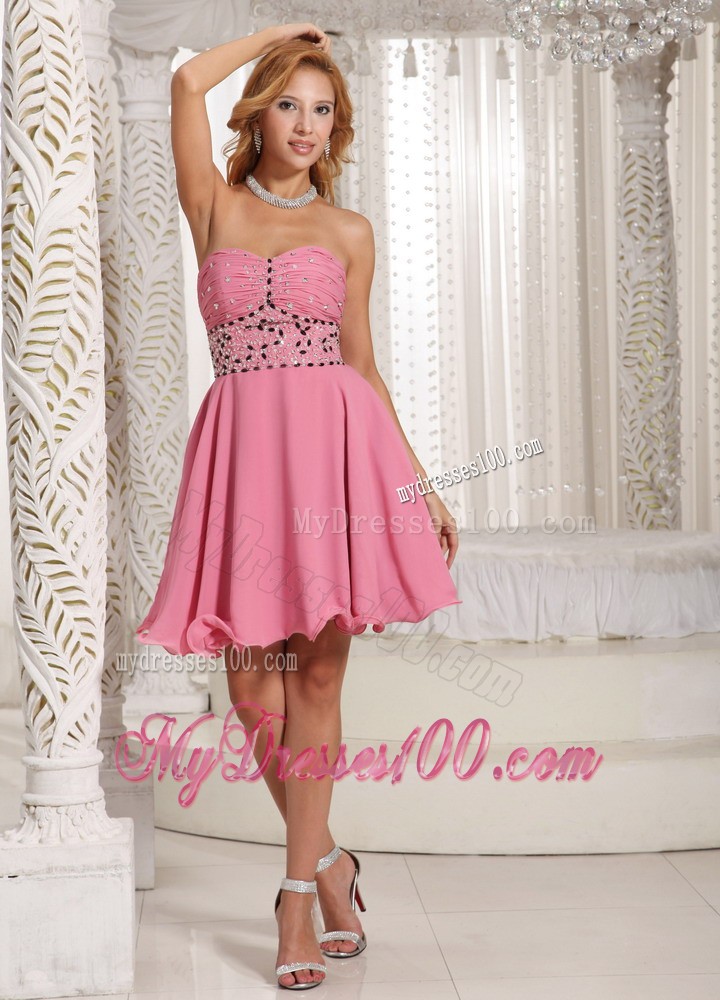 A-line Beaded Decorate Rose Pink Stylish Cocktail Dress With Mini-length in Summer