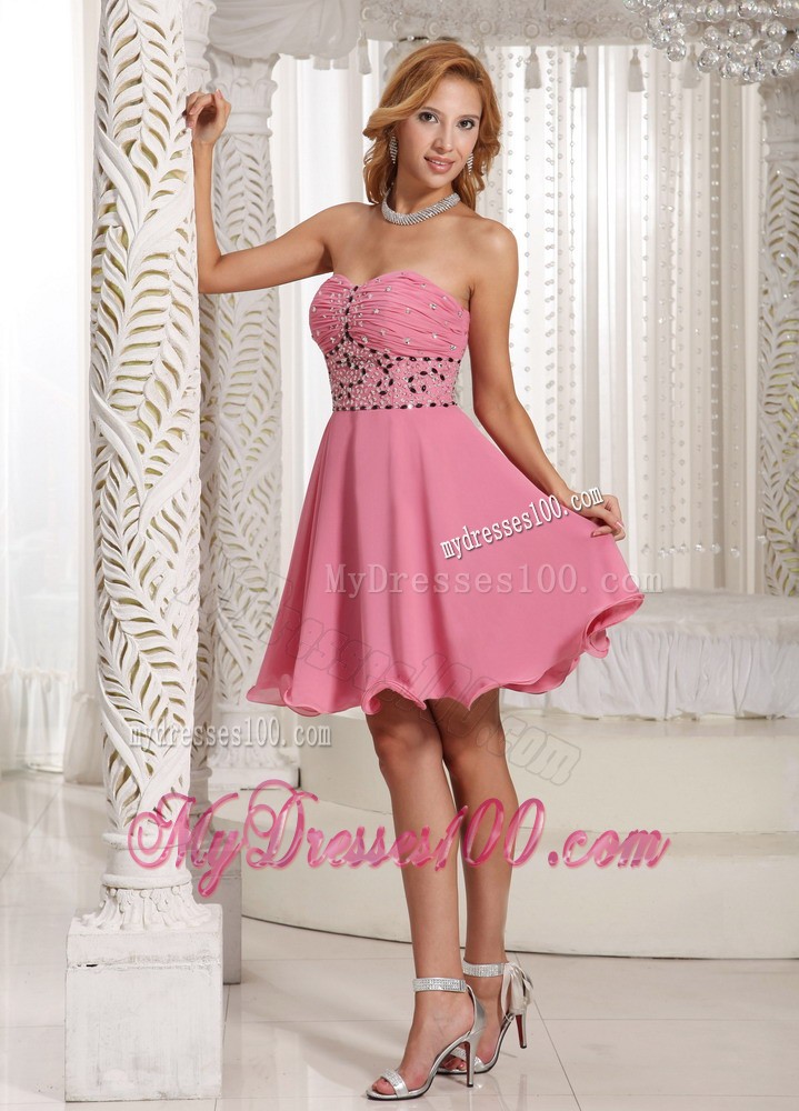 A-line Beaded Decorate Rose Pink Stylish Cocktail Dress With Mini-length in Summer