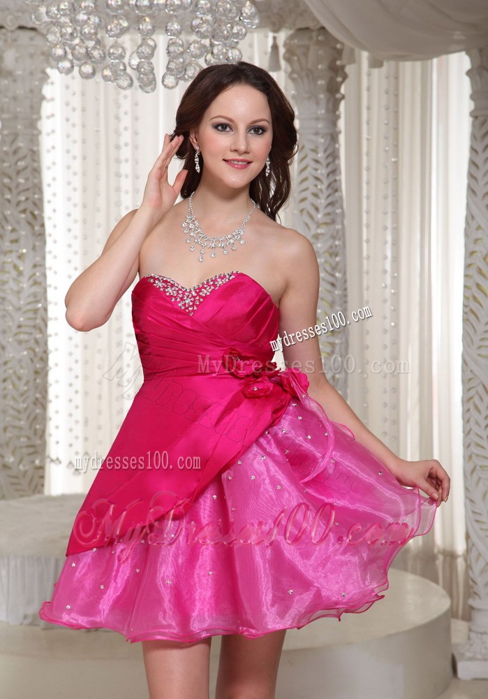 Hot Pink Mini-length Sweetheart with Beaded Decorate Prom Dress