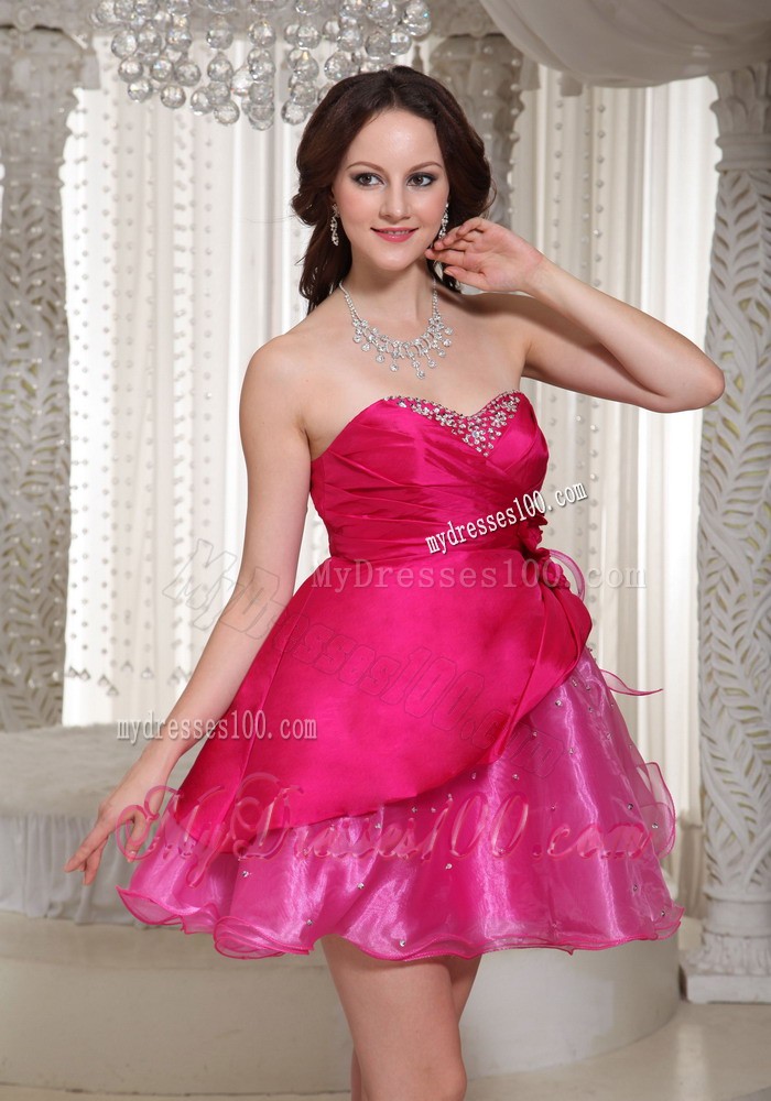 Hot Pink Mini-length Sweetheart with Beaded Decorate Prom Dress