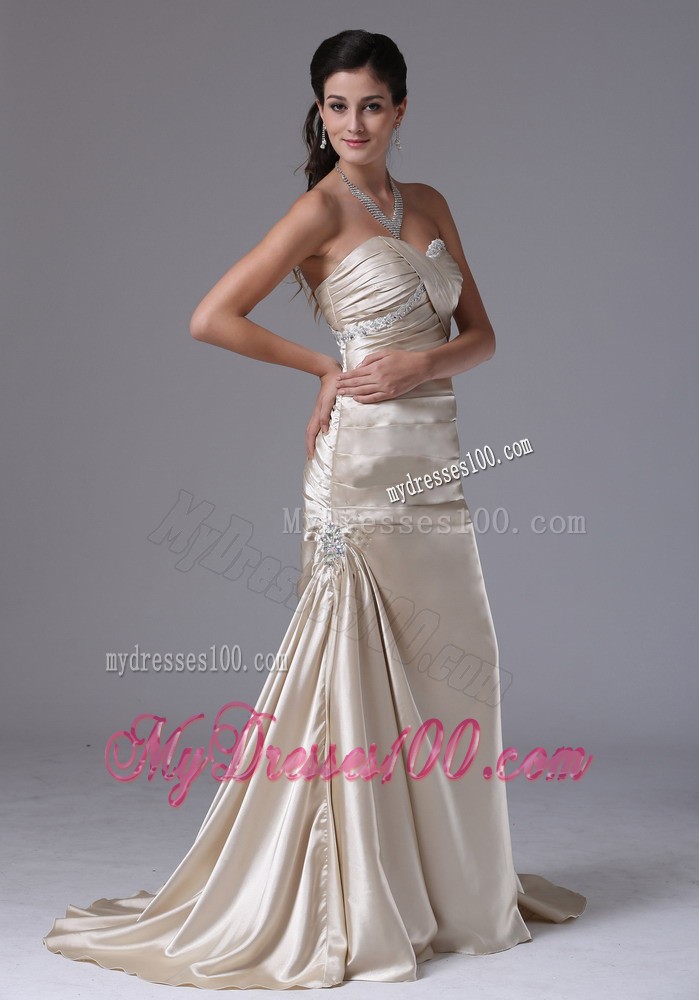 Champagne Sheath Sweetheart Ruched Decorate Bust Evening Dress