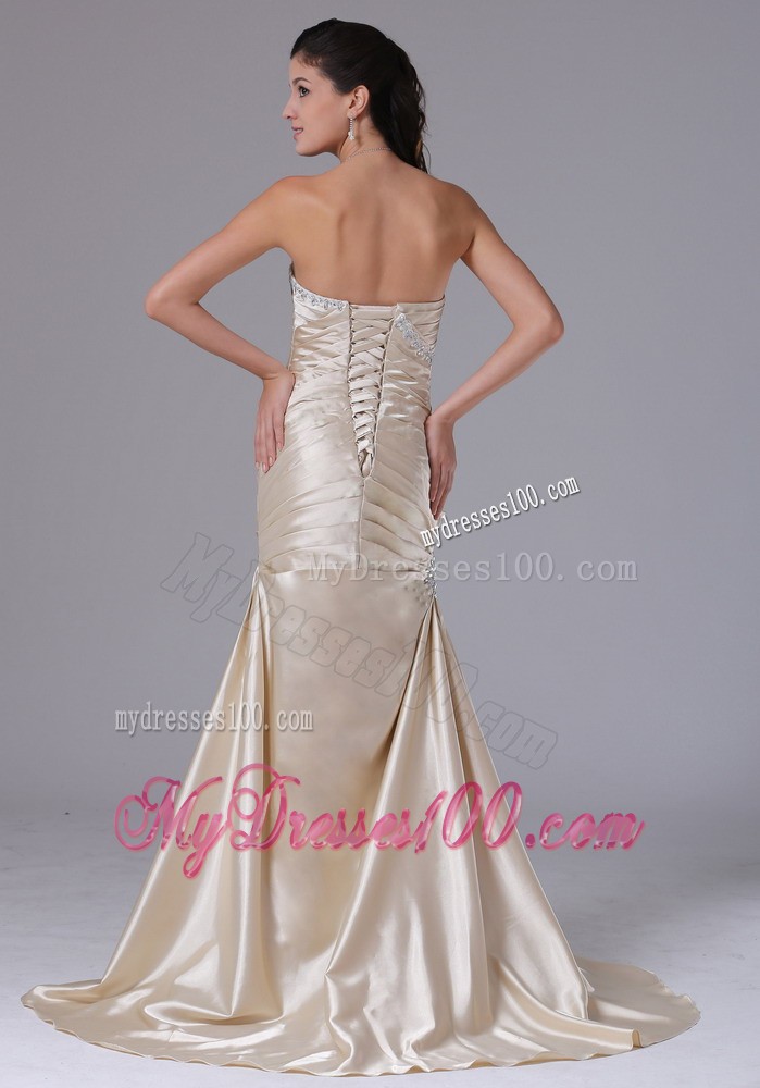 Champagne Sheath Sweetheart Ruched Decorate Bust Evening Dress