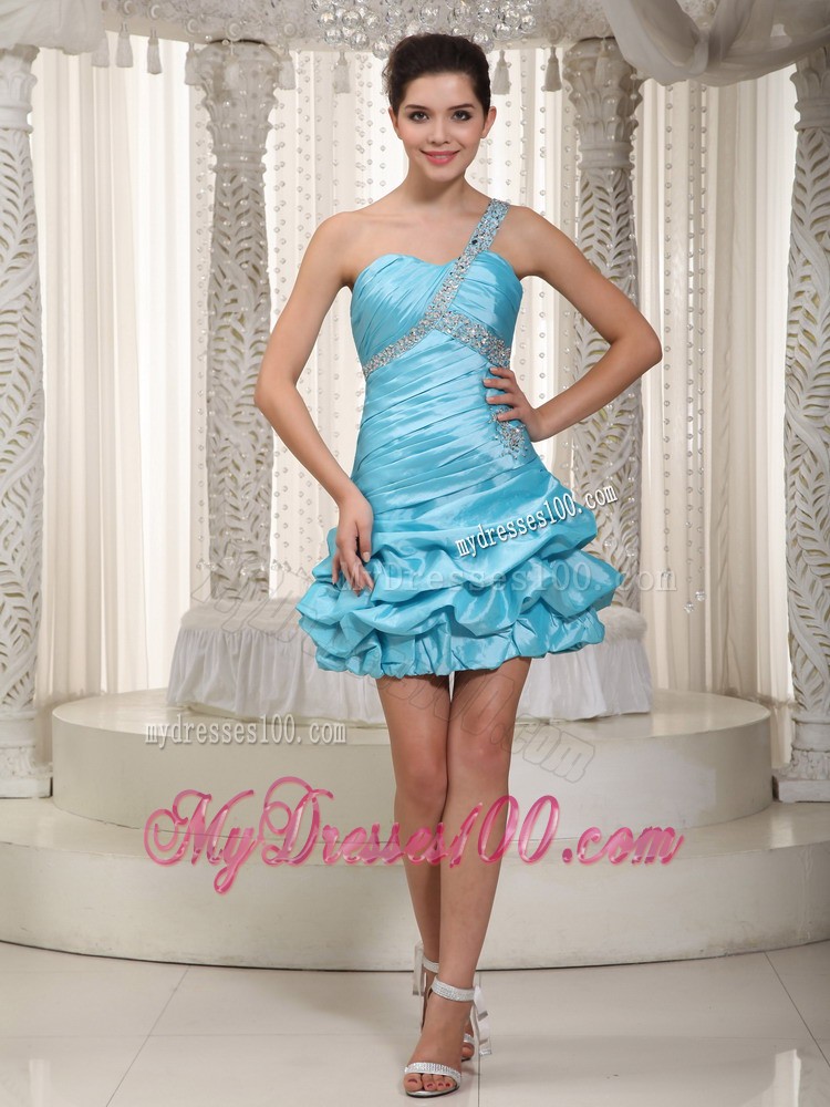Aqua Blue One Shoulder Mini-length Beading Prom Evening Dress