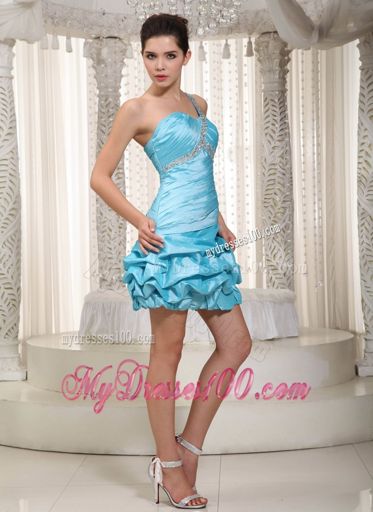 Aqua Blue One Shoulder Mini-length Beading Prom Evening Dress