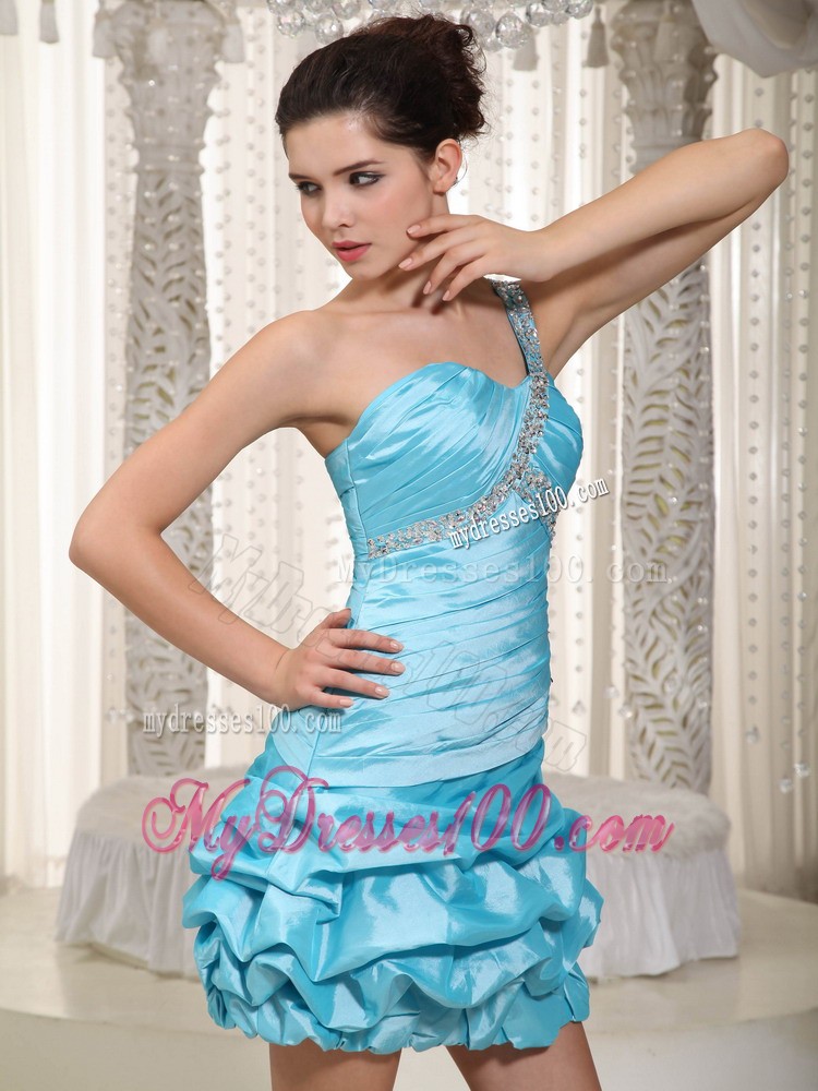 Aqua Blue One Shoulder Mini-length Beading Prom Evening Dress
