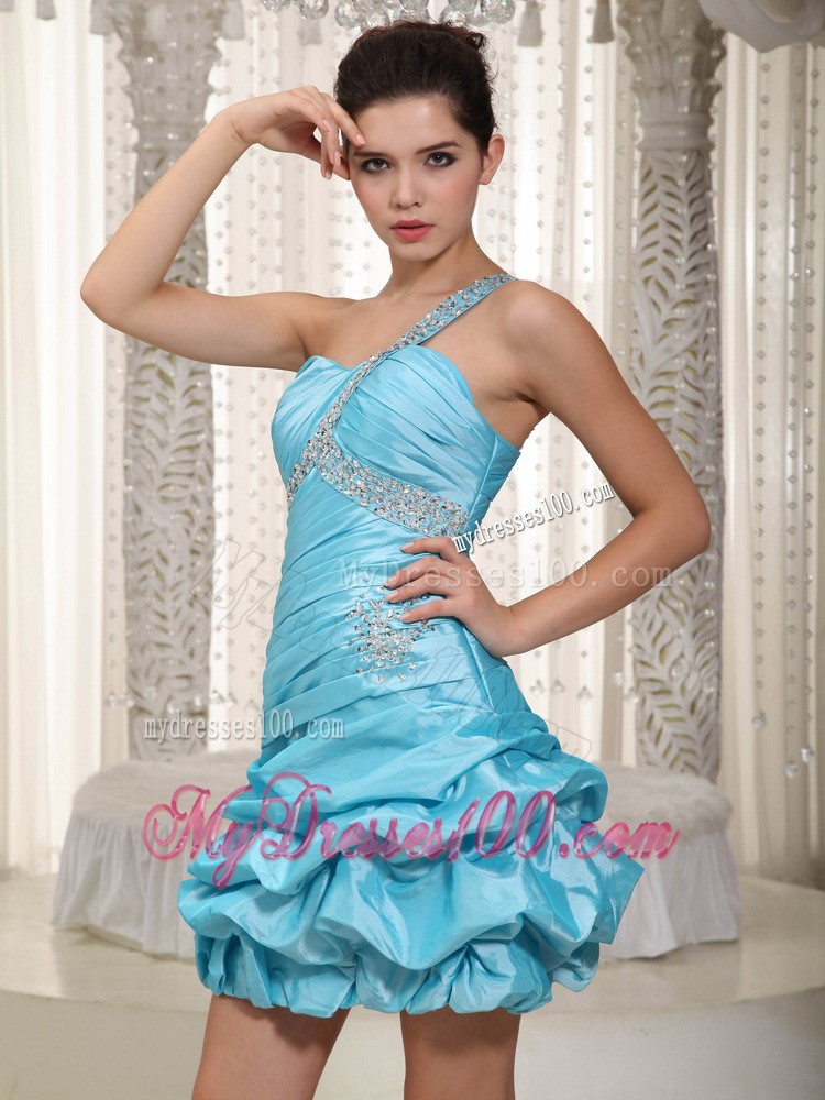 Aqua Blue One Shoulder Mini-length Beading Prom Evening Dress