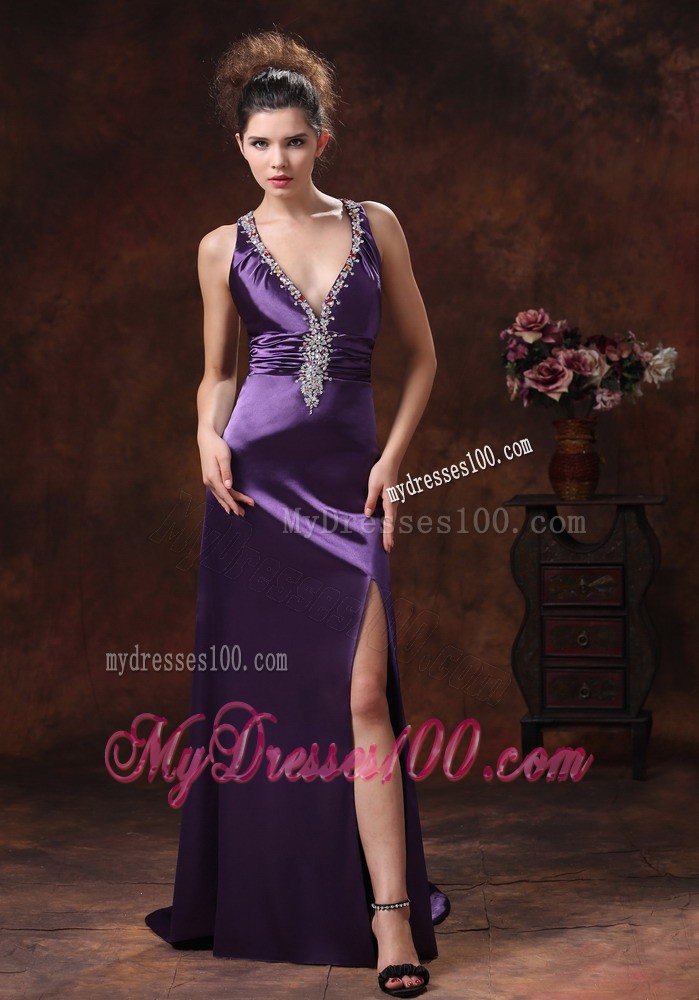 High Slit V-neck Beaded Decorate Shoulder Purple Evening Dress