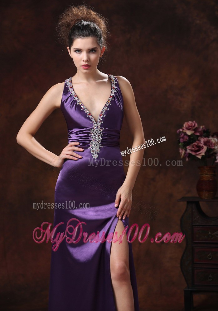 High Slit V-neck Beaded Decorate Shoulder Purple Evening Dress