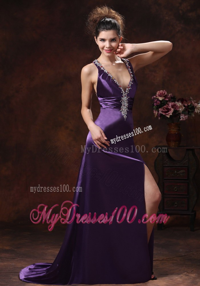 High Slit V-neck Beaded Decorate Shoulder Purple Evening Dress